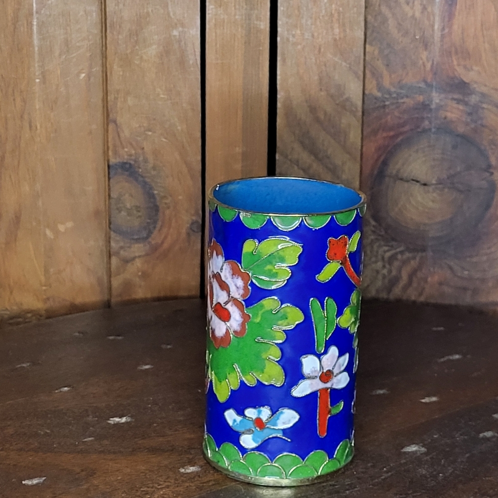 Floral Blue and Green Cloisonné Vase - Picture 8 of 14